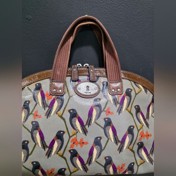 FOSSILKEY-COATED CANVAS Bowler TOP HANDLE SMALL TOTE GRAY PURPLE BIRD BAG 13x8 - Picture 2 of 11